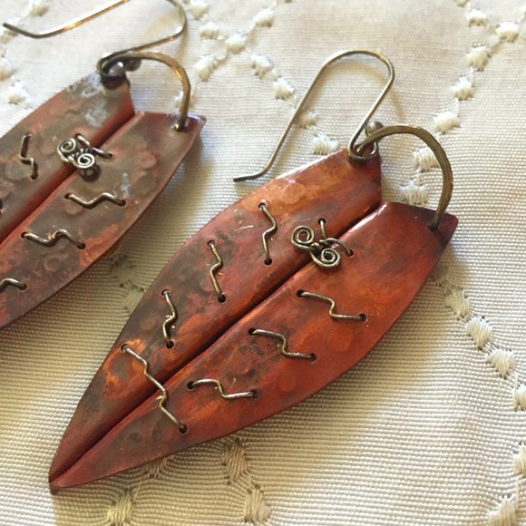 Large Dangly Artisan Rust + Silver Copper Metalwork Beaded Leaf Earrings - Picture 5 of 8